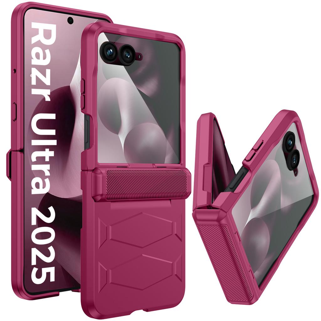 Чехол для Motorola Razr Ultra 2025 / Razr Ultra 2026 с защитой шарнира, встроенной защитой экрана, противоударный, всесторонний чехол для телефона - Розово-красный
