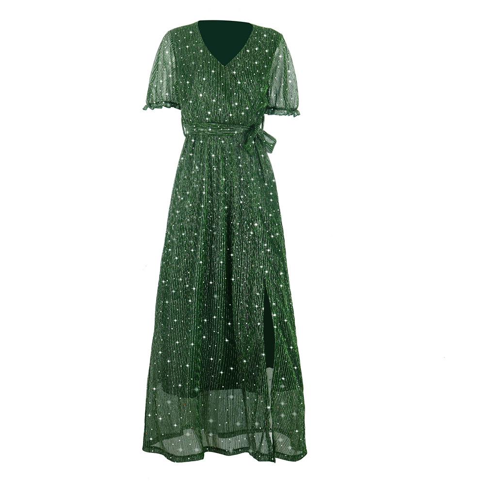 GMXIA Новый продукт Платье с V-образным вырезом и высокой талией, платье с длинными рукавами и разрезом