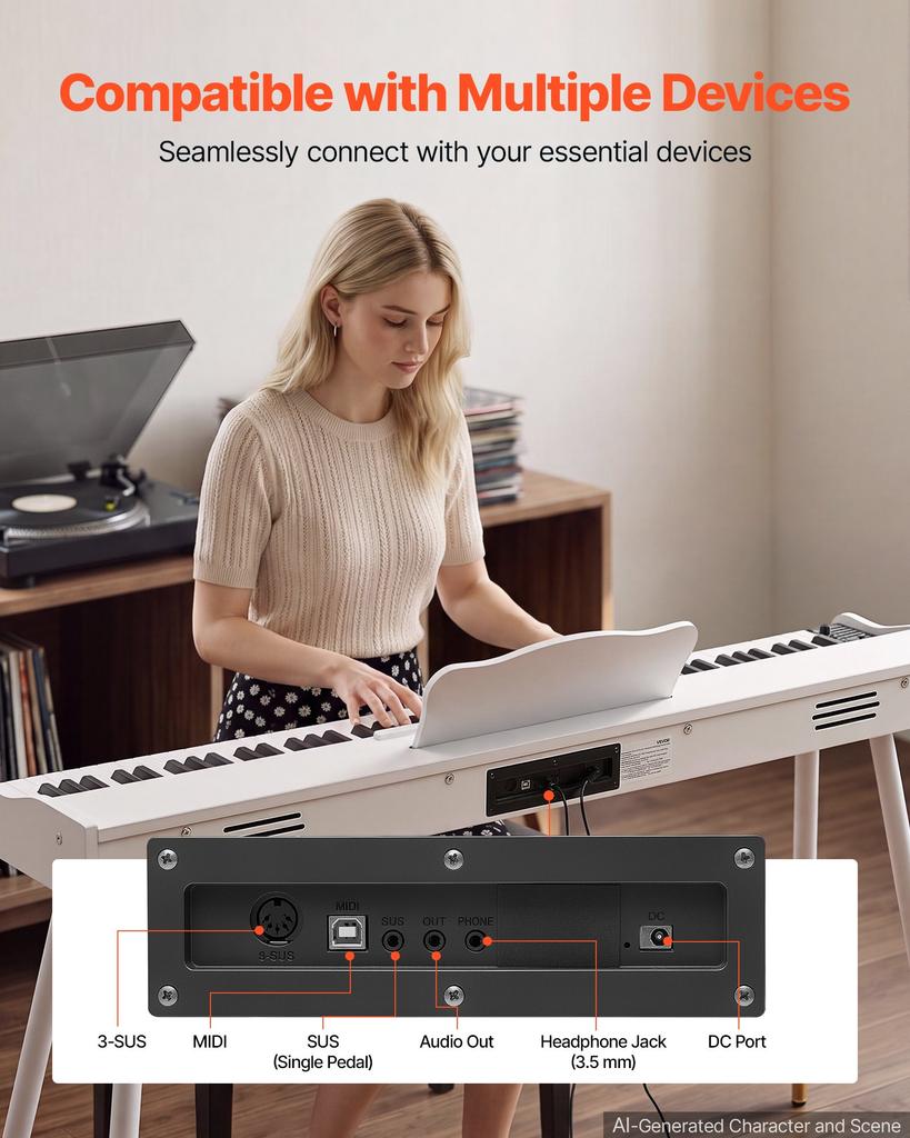 VEVOR Digital Piano 88 Keys Semi Weighted Full Size Keyboard Stand White, for Beginners, 600 Tones, 600 Rhythms, Electric Piano, with Sustain Pedal