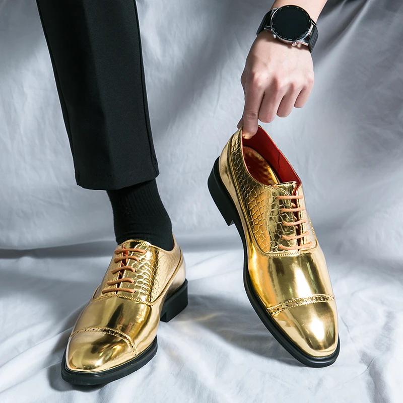 Luxury Brand Golden Oxford Shoes Men's Low Heel Designer Business Leather Shoes High-quality Sharp Pointed Wedding Casual Shoes