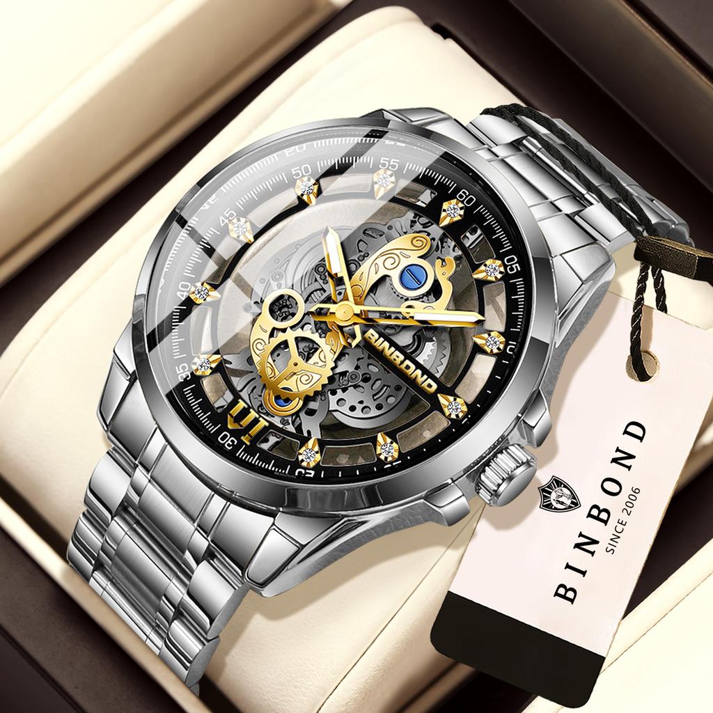 BINBOND Luxury Vintage Hollow-Out Quartz Wristwatch for Men Luminous Waterproof Accurate Durable Men's Watch Casual Reloj+Box
