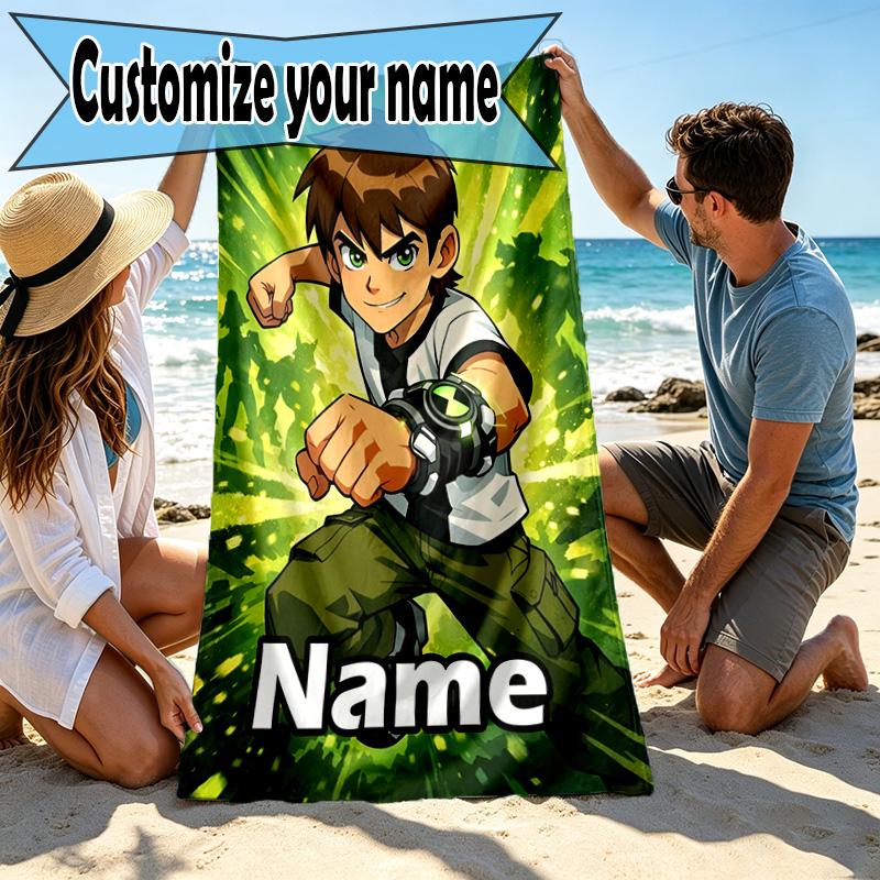 Custom Name Personalized Ben 10 Cartoon Print Beach Towel, for Trip Camping Beach Party Home Decor, Birthday Gift for Family & Friends