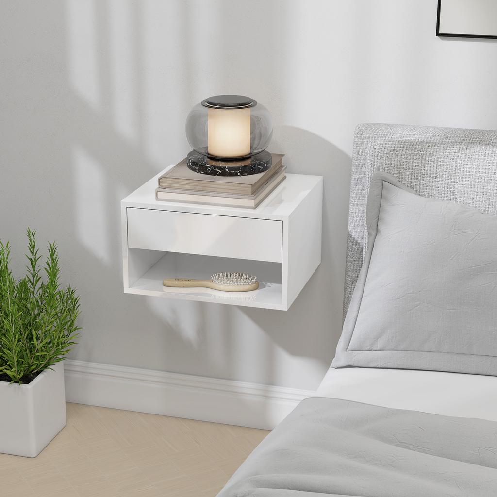 Set of 2 Floating Nightstands, Drawer and Open Shelf, 37x32x21 cm, Glossy White