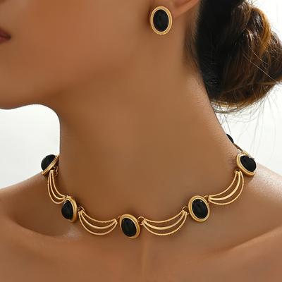 Элегантный набор украшений в стиле Бохо Шик, латунь с покрытием 14K золотом, с черными овальными стеклянными камнями, ожерелье и серьги. Идеально для вечеринок. Украшения в стиле Арт-деко