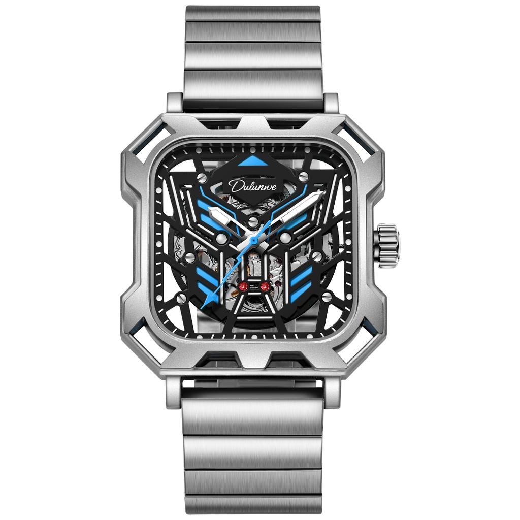 Новая концепция трехмерных квадратных циферблатов с полым циферблатом, мужские прохладные ночные светящиеся водонепроницаемые автоматические механические часы из нержавеющей стали