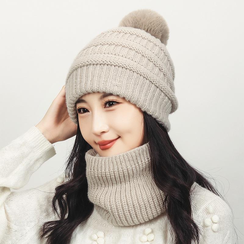 Winter Women's Scarf Knitted Hat Velvet Warm Ball Wool Hat Windproof Neck Protection Hat Scarf Two-Piece Set