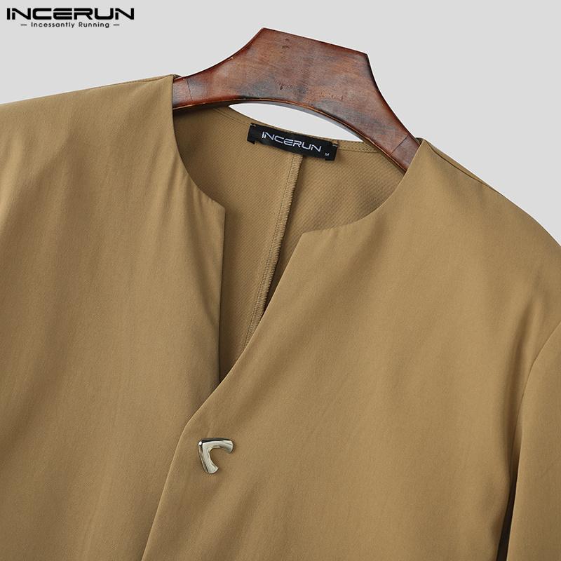 INCERUN Plus Size Men Collarless Long Sleeve Buttons Down Casual Loose Oversized Shirts