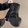 Fashion 9CM Soft Leather Ankle Mid Calf Boots Winter Autumn High Platform Wedge British Booties Woman New Ladies Chunky Motorcycle Boots