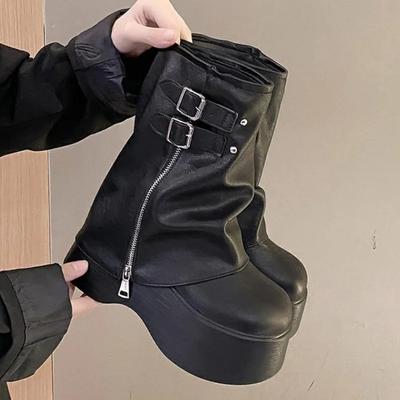 Модные 9 см мягкие кожаные ботинки до середины голени, зимние и осенние, высокие ботинки на танкетке, британские ботинки для женщин, новые женские толстые мотоциклетные ботинки