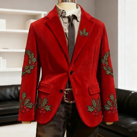 Men Corduroy Suit Coat Single-Breasted Suit Jacket Lapel Long Sleeve 3D Christmas Themed Print Slim Fit Suit Jacket Formal Stage Wear