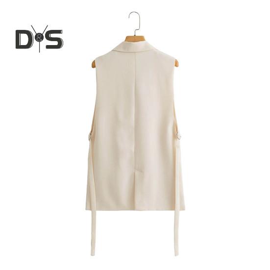 Women Vest Coat Turn Down Collar Sleeveless Loose Solid Color Single Button Cardigan Strap Decor Mid Length Commute Formal Suit Waistcoat