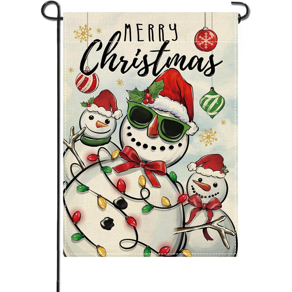 Merry Christmas Garden Flag Snowman Small Decorative Garden, Xmas Balls Yard Lawn Outside Decor, Winter Holiday Golden Snowflakes Outdoor Home Decorat