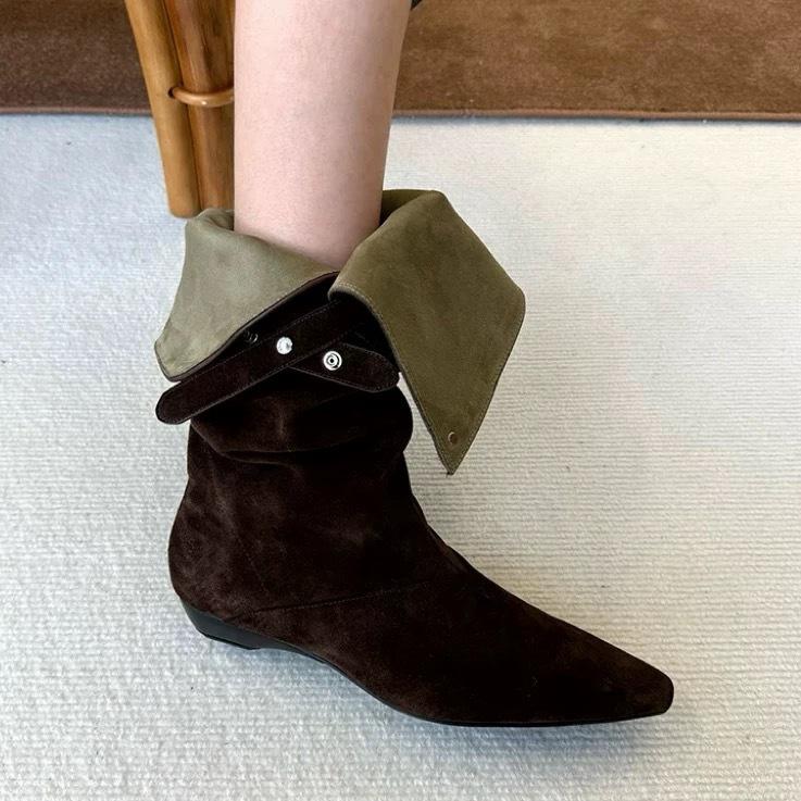 Овчина~ Натуральная кожа ретро нишевый дизайн на наборном каблуке короткие ботильоны для женщин, V-образная пряжка с остроносыми ковбойскими ботинками в западном стиле