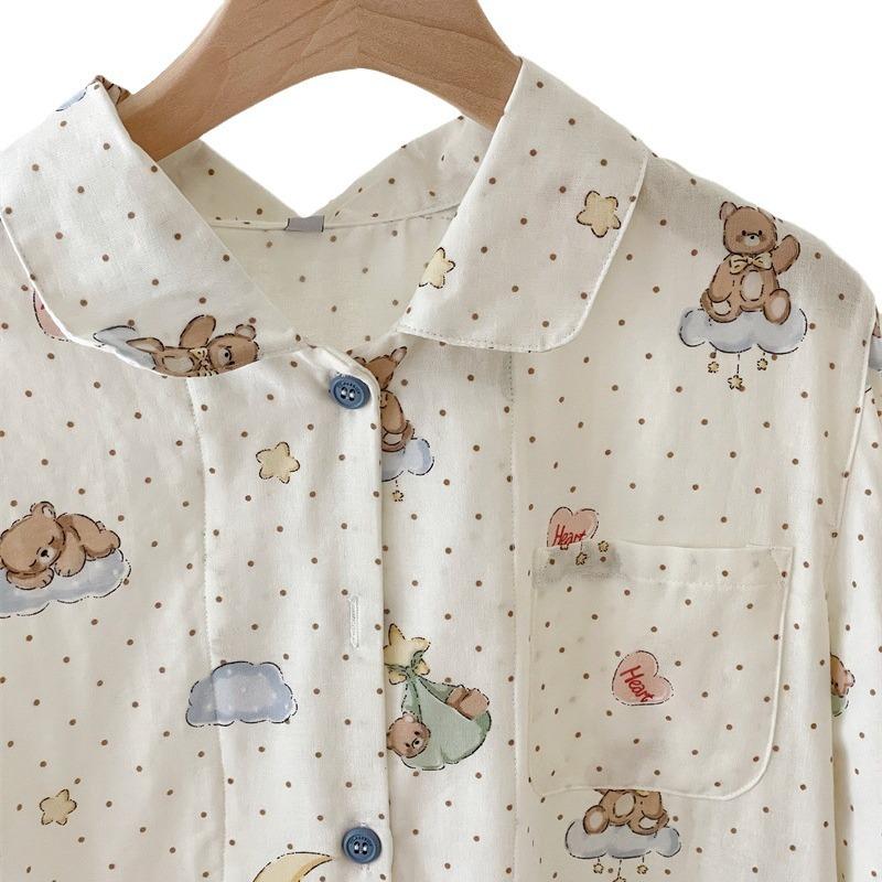 11 pajamas loungewear small lapel women's ins wind simple pure cotton double-layer yarn breathable loungewear polka dot bear