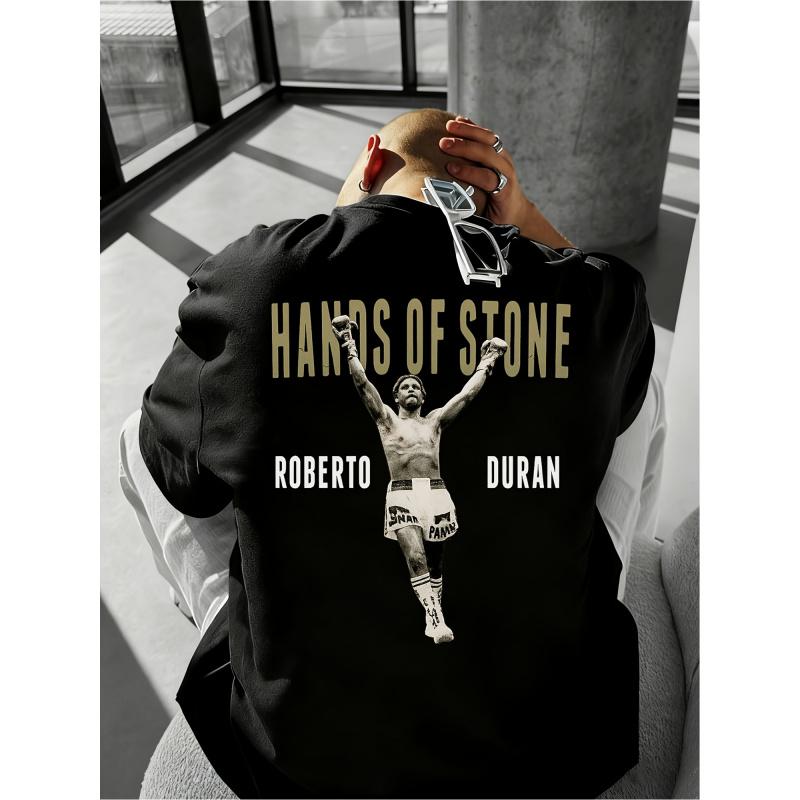 Мужская футболка для бокса Roberto Duran Hands of Stone - Тяжелый хлопок, короткий рукав, круглый вырез, с принтом культовой подписи боксера, бренд Signature Duran,