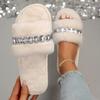 Fashion Rhinestone Fluffy House Slippers for Women 2025 Winter Warm Faux Fur Flat Slides Woman Open Toe One Strap Plush Slippers
