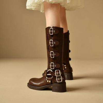 Модные женские кожаные сапоги до колена с квадратным носком и средним каблуком, осенне-зимние, на флисовой подкладке, обувь для леди, готическая обувь Y2k, распродажа