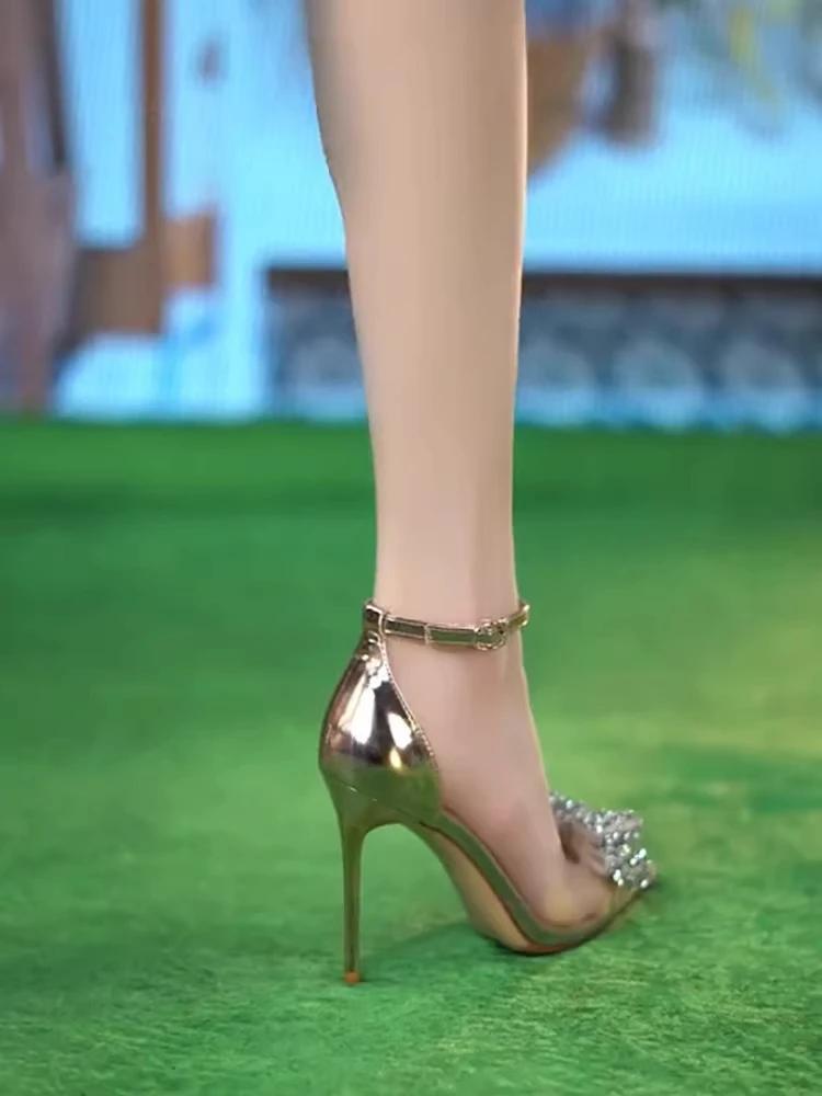 Сексуальные прозрачные туфли-лодочки со стразами, бабочка-узел, острый носок, свадебные туфли на высоком каблуке, весна-лето 2024