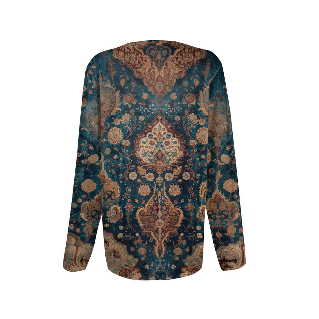 Fashion Women's Long Sleeve Round Neck CasualPleated Floral Print Loose Top