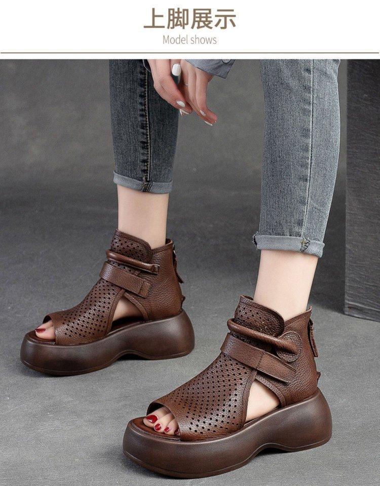 2025 foreign trade large size spring and summer new fish mouth hollow boots thick-soled wedge sandals rear zipper waterproof table breathable and cool