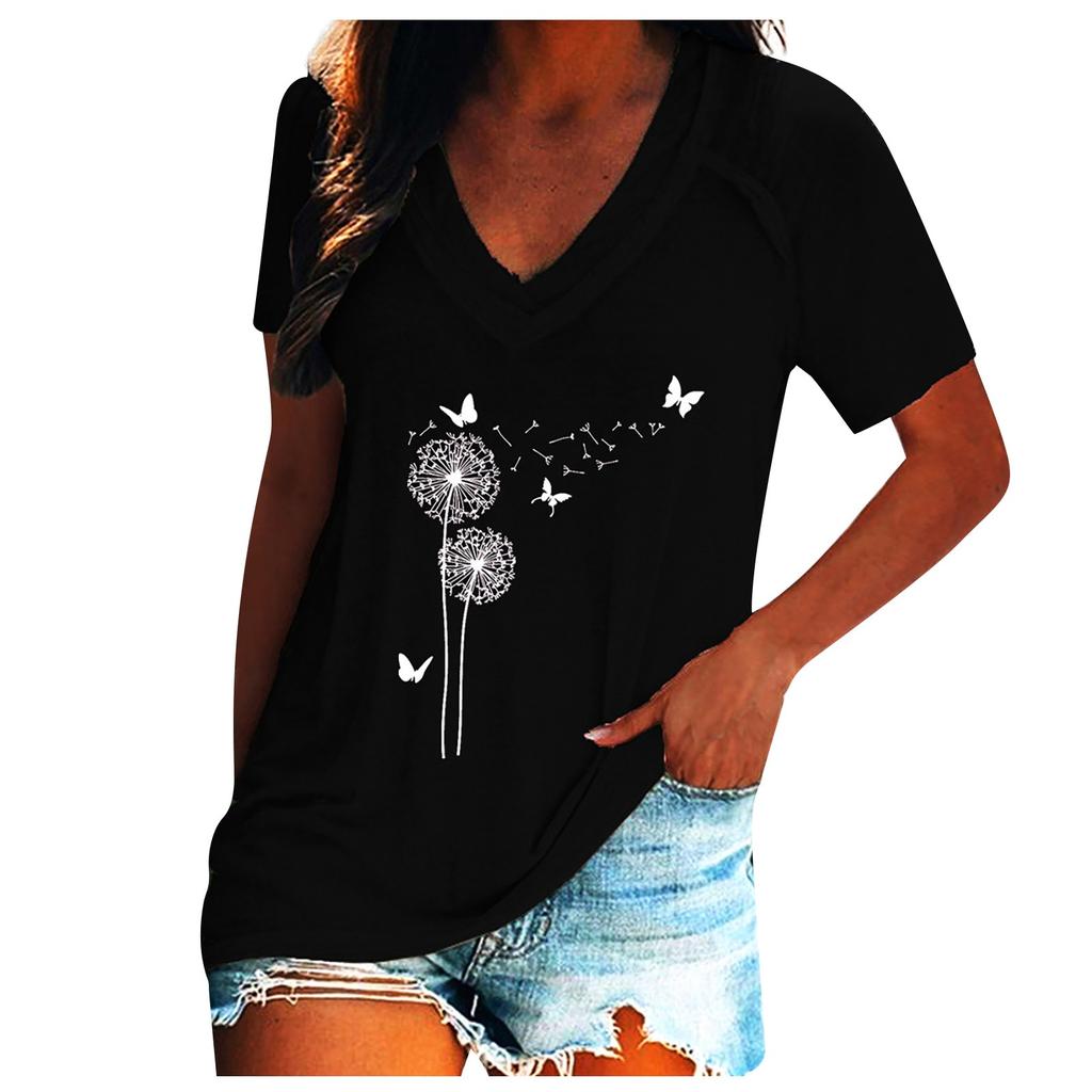Women's Fashion V-neck Print Pullover Casual Short-sleeved T-shirt