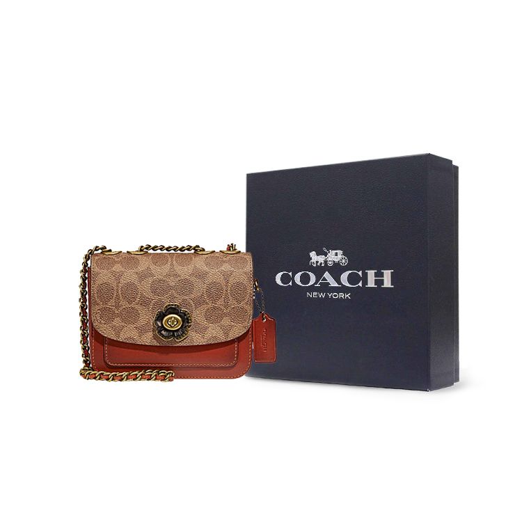 Coach Мэдисон 16 Камелия Поворотная застежка Логотип Signature Color Block Маленькая кожаная сумка через плечо Женская сумка через плечо Коричневый Мультиколор C0829-B4NQ4
