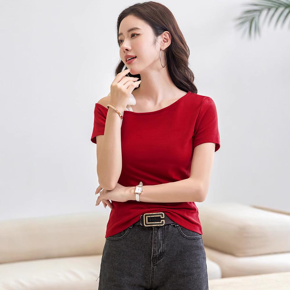 2025 Sexy Korean Off-the-Shoulder Slimming T-Shirt - Women's Cotton Short Sleeve Top