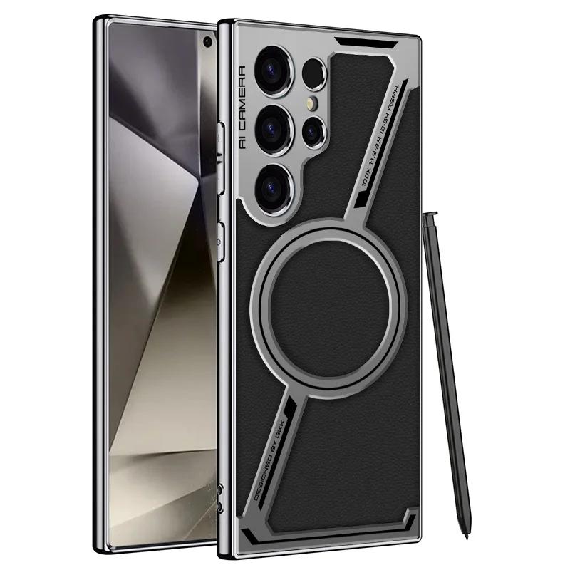 Роскошный Чехол из Однотонной Кожи с Покрытием для Samsung Galaxy S25 S24 S23 Ultra, Магнитный Беспроводной Зарядки Magsafe, Защитная Крышка