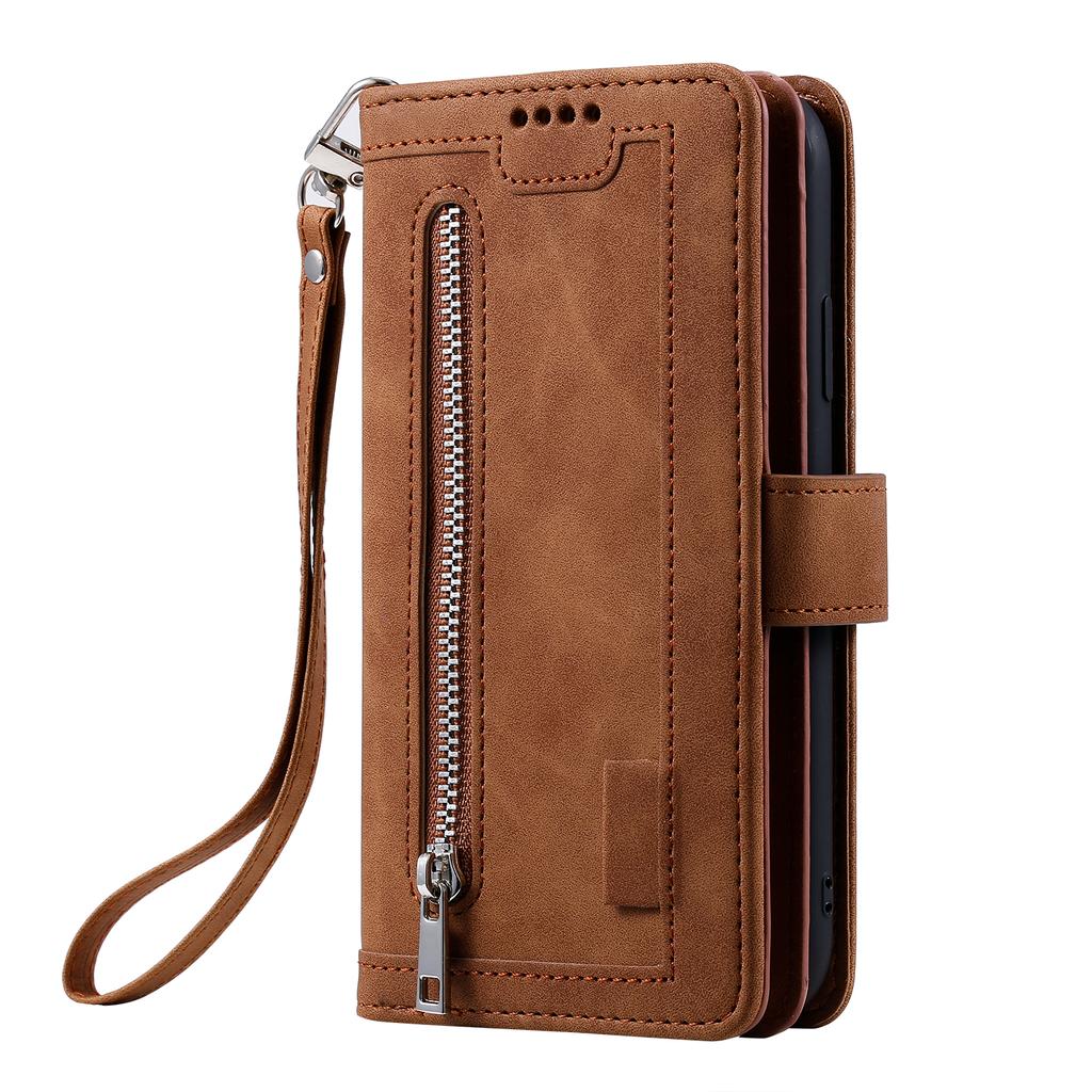 For iPhone 17 Pro Max Case 9 Card Slots Zipper Wallet PU Leather Phone Cover with Wrist Strap