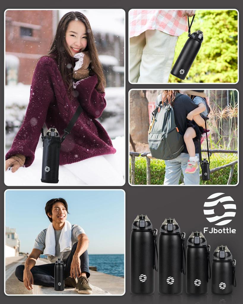 FJbottle Water 1 Вакуумная спортивная бутылка для холодной воды, совместимая со спортивной широкой бутылкой для воды из нержавеющей стали, в комплект входит черная бутылка для очистки, литр, изолированная,