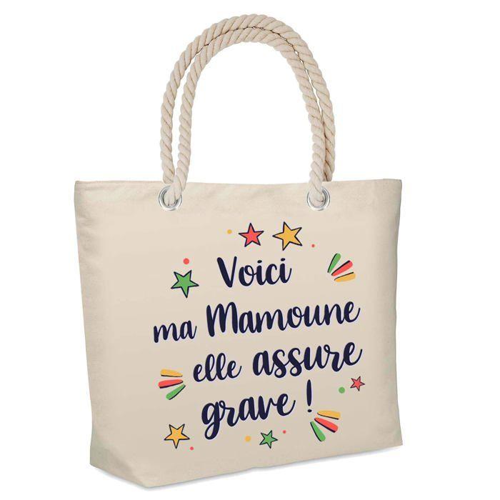 Sac cabas - PLANETEE - Isotherme de plage "Mamoune elle assure grave !" - Jute - Beige - Grande contenance