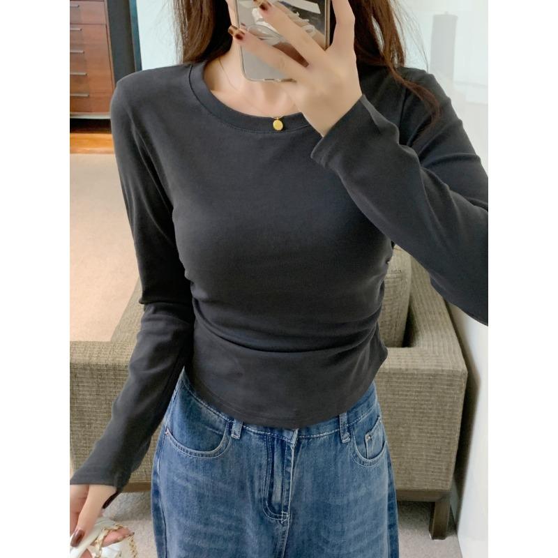 Ретро футболка с длинным рукавом с открытыми плечами женская весенняя новая приталенная плиссированная базовая футболка универсальный простой топ