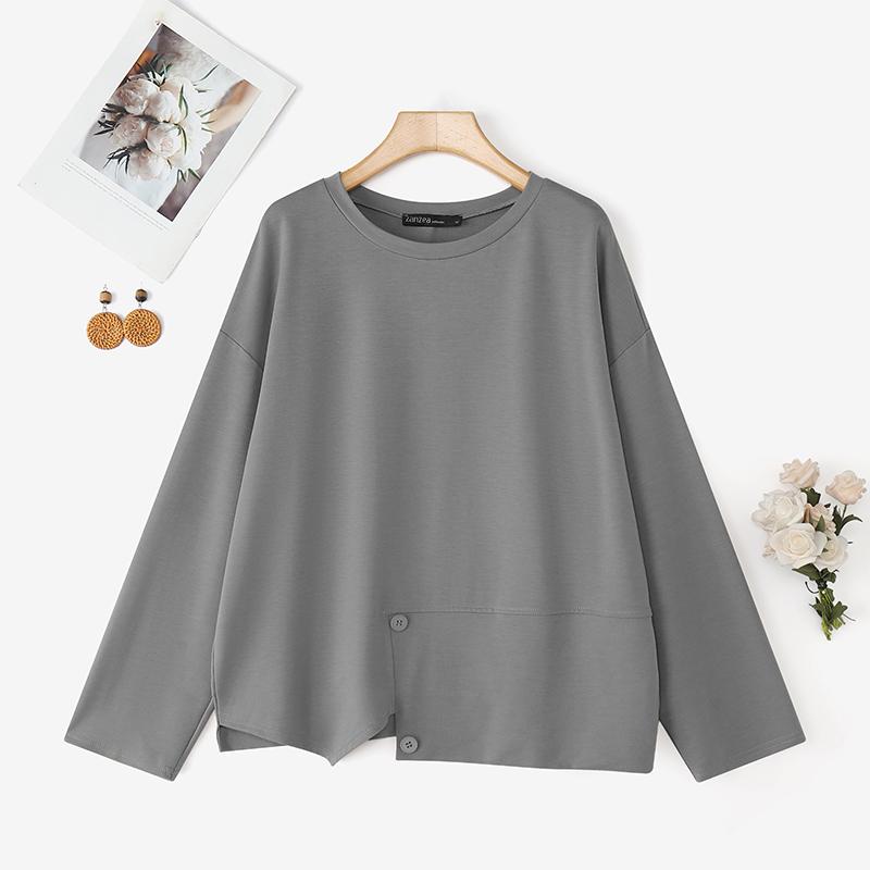 ZANZEA Женская повседневная блузка-пуловер с круглым вырезом, свободного кроя, с длинным рукавом
