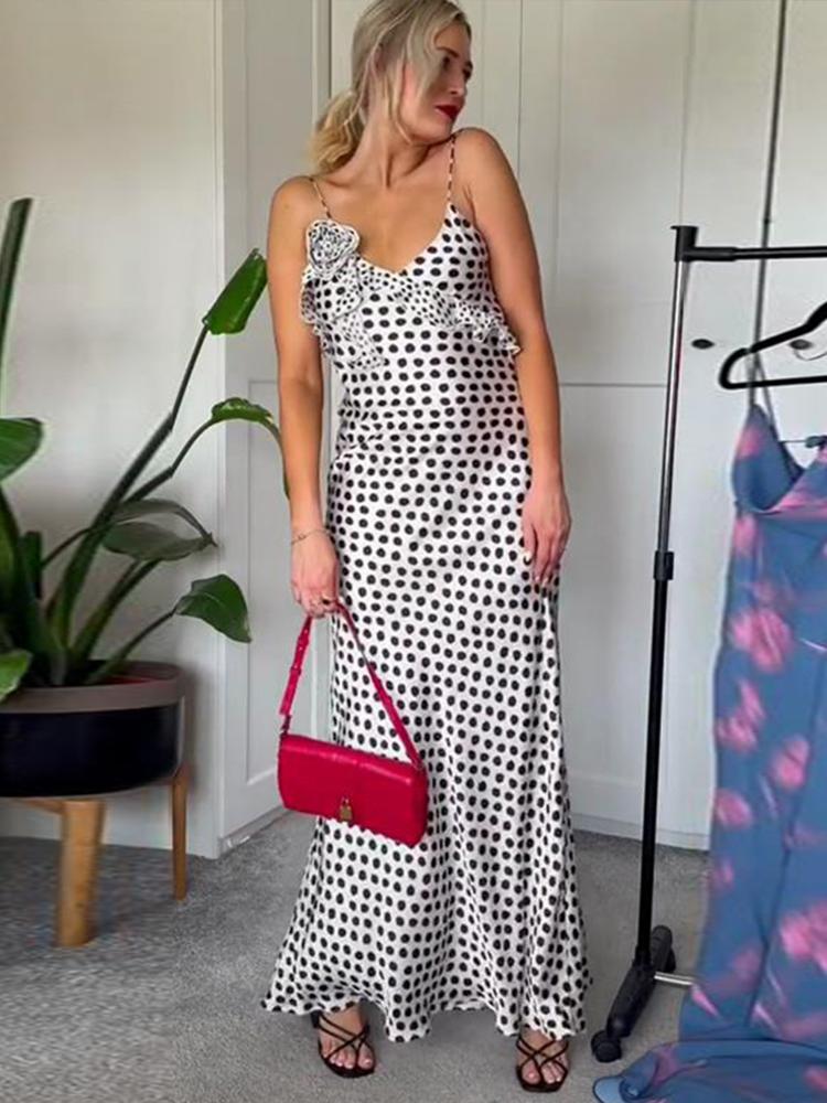 Длинное платье на бретельках с принтом в горошек, женское длинное платье с v-образным вырезом, без рукавов, с открытой спиной и 3D цветком, женское летнее праздничное женское платье