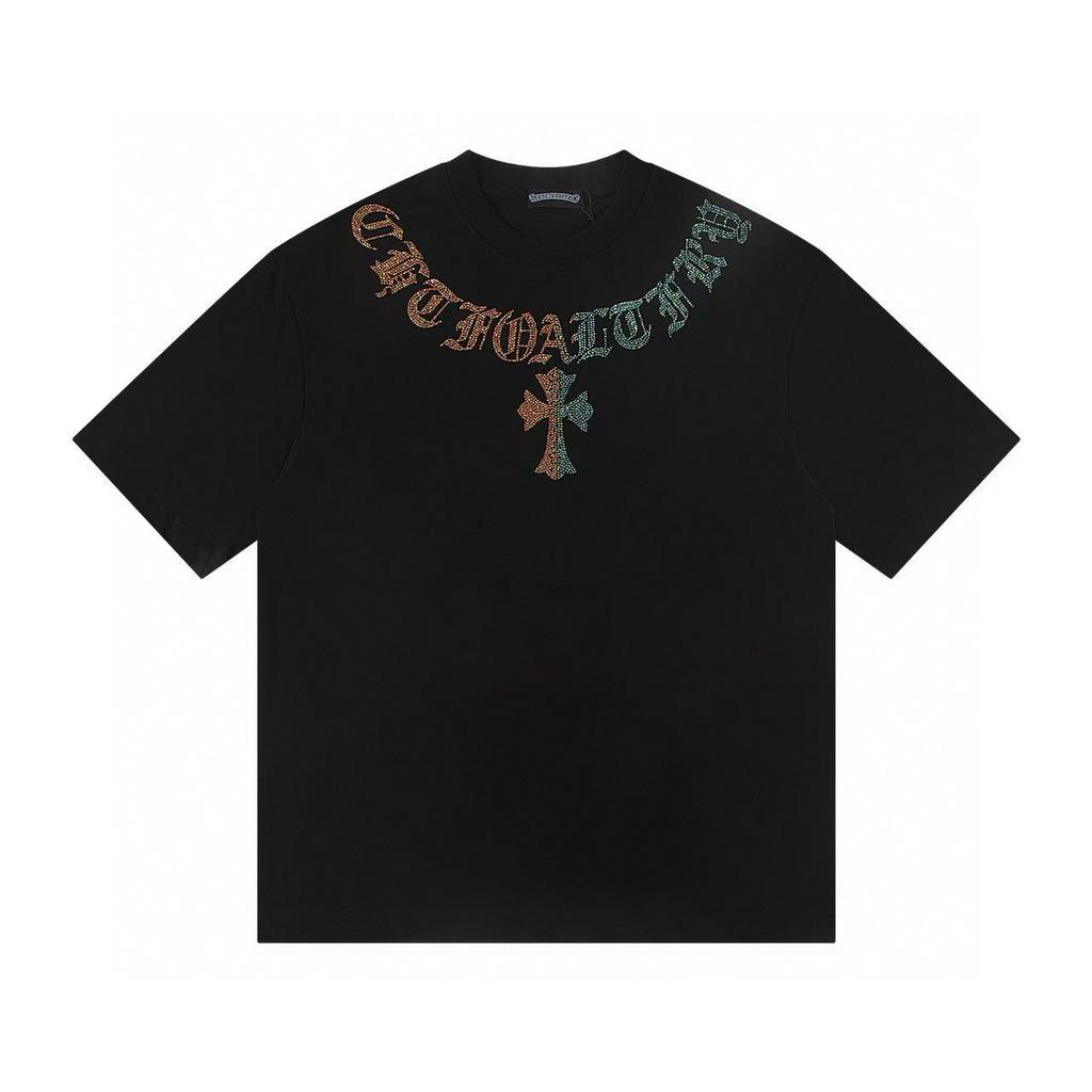 W392 CHROME HEARTS Лето 2026 Новый Высококачественный Хлопковый Круглый Вырез Свободный Большой Размер Набор Футболок с бриллиантами Парные Футболки