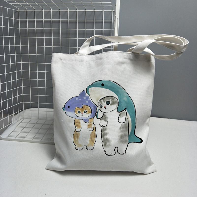 Harajuku Kawaii Cat Shark Y2k сумка на плечо модная повседневная женская парусиновая сумка с героями мультфильмов большая вместительная женская сумка на молнии сумки-шоппер