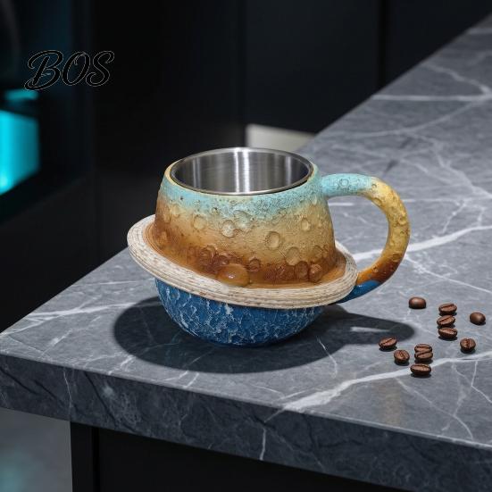 Resin Planet Pattern Cup 300ml 3D Coffee Mug with Stainless Steel Liner, Realistic Solar System Relief Water Decorative Beverage Container Cup,