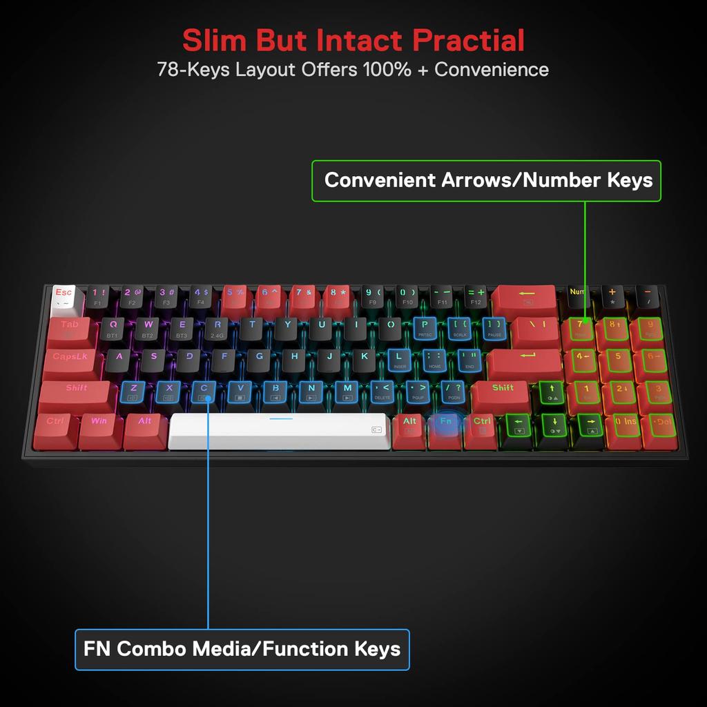Redragon K628 Pro 3 Modes Wireless RGB Gaming 78 Hot Swappable Compact Mechanical Keyboard Swap Free Mod PCB Dedicated Arrow Keys Number Red Switch