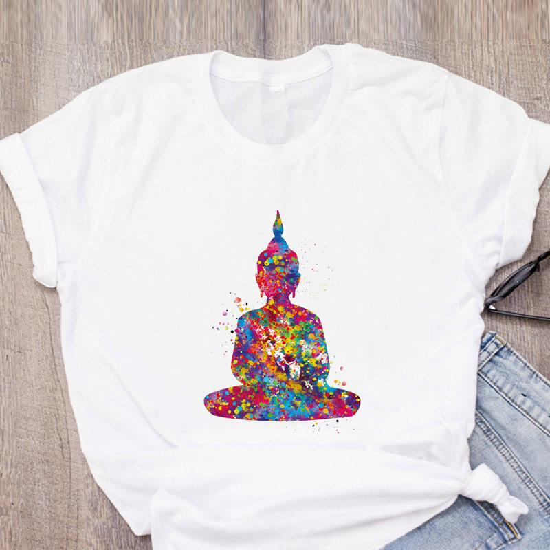 Watercolor Buddha Chakra Meditation Mandala Print T-Shirt Women's Aesthetic Harajuku Style Summer Top Polyester Fabric