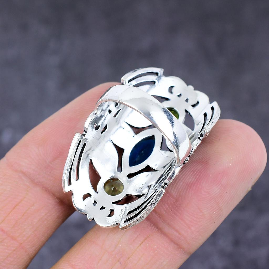 Natural Blue Topaz,Peridot Gemstone Handmade 925 Sterling Silver Ring S.8 H6d96