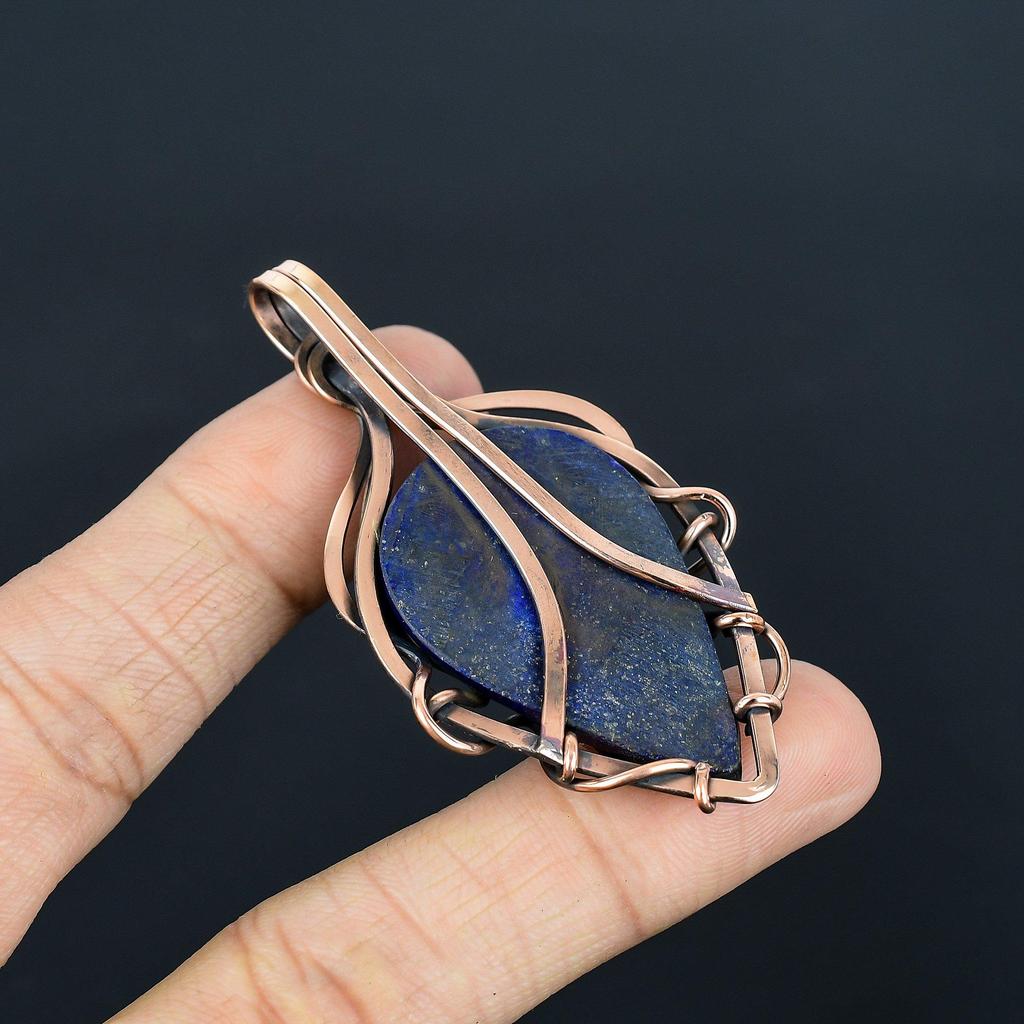 Подвеска из лазурита, ювелирное изделие из драгоценного камня ручной работы, подвеска, обернутая медной проволокой 999 пробы, ювелирная подвеска уникального дизайна