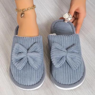 Милые пушистые тапочки с бантом и мягкой подошвой, уютная и теплая плюшевая обувь для зимы