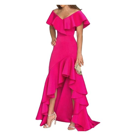 Женское вечернее платье с рюшами в стиле пэчворк с V-образным вырезом Slim Fit Нерегулярный подол без рукавов длиной до пола Чистый цвет бальное платье для вечеринки Банкетное платье макси