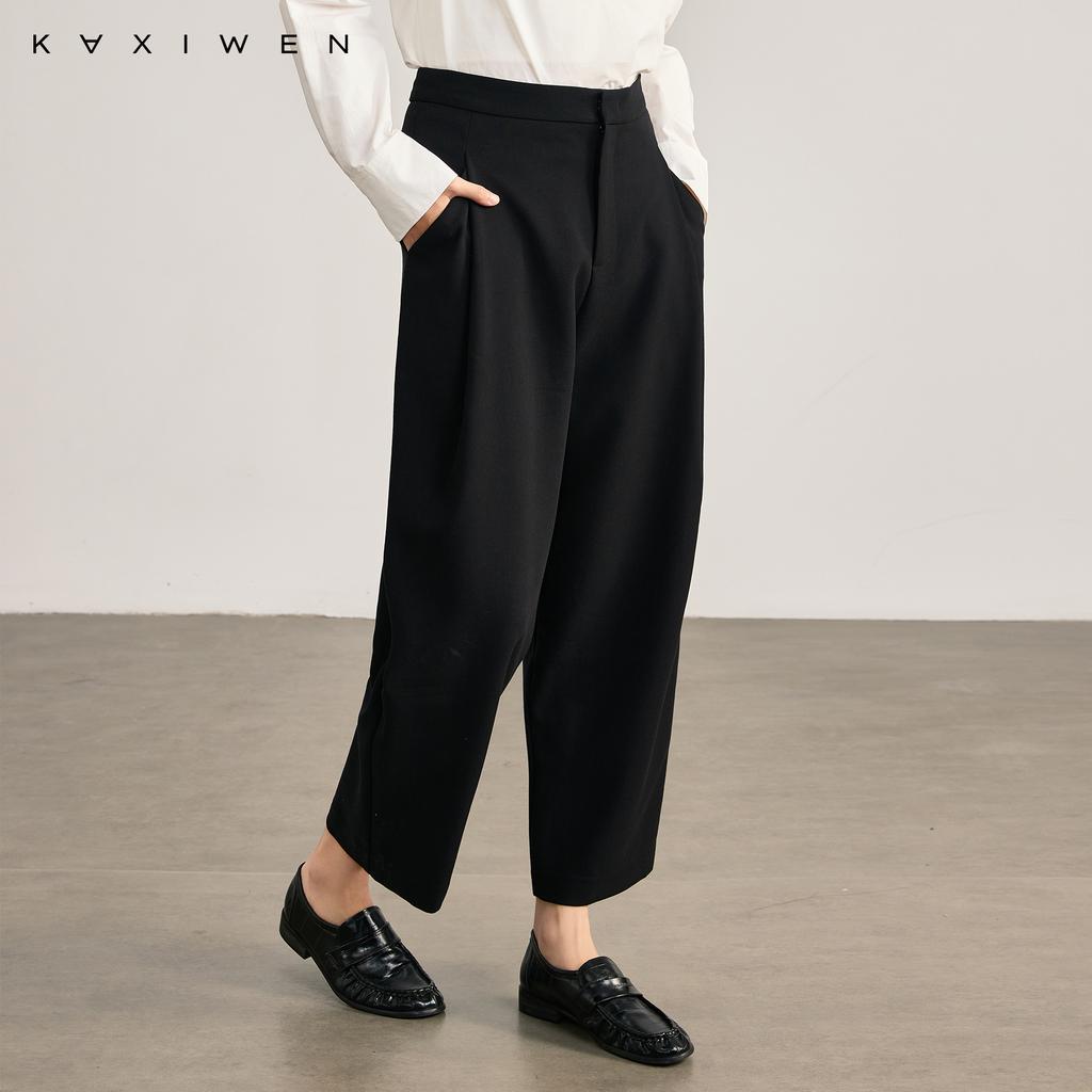 Qianwen minimalist silhouette casual pants for spring 2026, versatile commuting style, slim and high waisted wool tapered pants