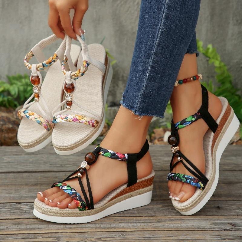 Women's Wide Width Ethnic Sandals, Beaded Elastic Wedge Slides, Wholesale Summer Shoes In Stock