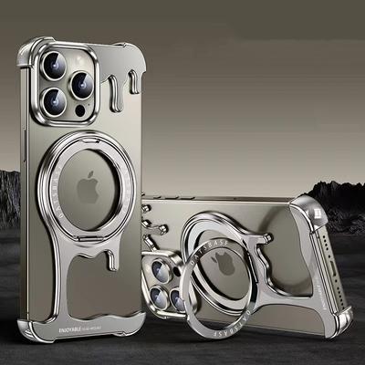 Роскошный чехол-подставка из жидкого металла особой формы для iPhone 16 15 14 13 Pro Max Magsafe Rimless Heat Disipation Phone Cover