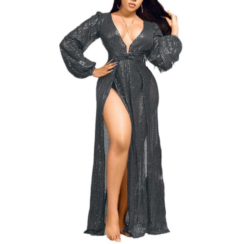 Long Sleeve A-Line Maxi Dress With Sequins Deep V-Neck Side Slit Plus Size Party Evening Gown