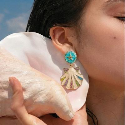 Богемные серьги-подвески Звезда Моря и Ракушка для Женщин Золотой Цвет Эмаль Гребешок Подвеска Серьга Цветный Кристалл Летние Пляжные Украшения
