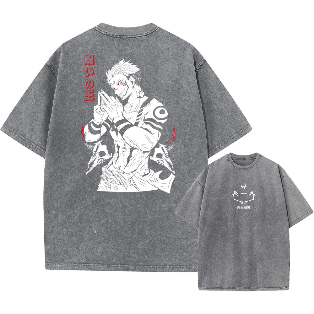 Мужская мода Уличная одежда Выстиранная черная футболка Японское аниме Графический принт Футболка Летний хлопок Оверсайз Топы Футболки