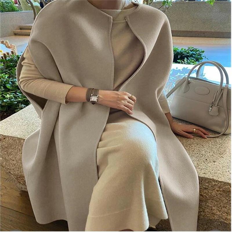 Женское пальто, шерстяной кардиган без рукавов средней длины с круглым вырезом